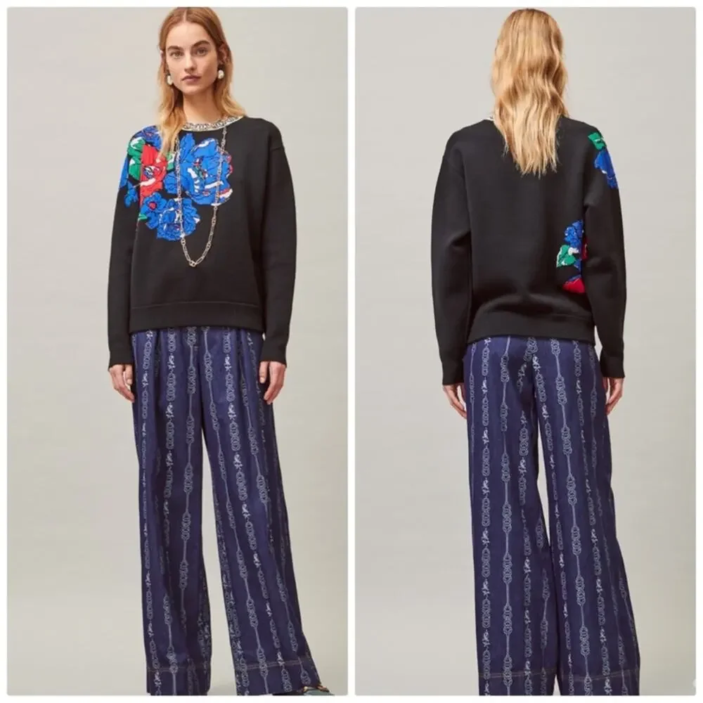Tory‎ Burch Women's Oversized Floral Crew Neck Pullover Sweater Size Medium